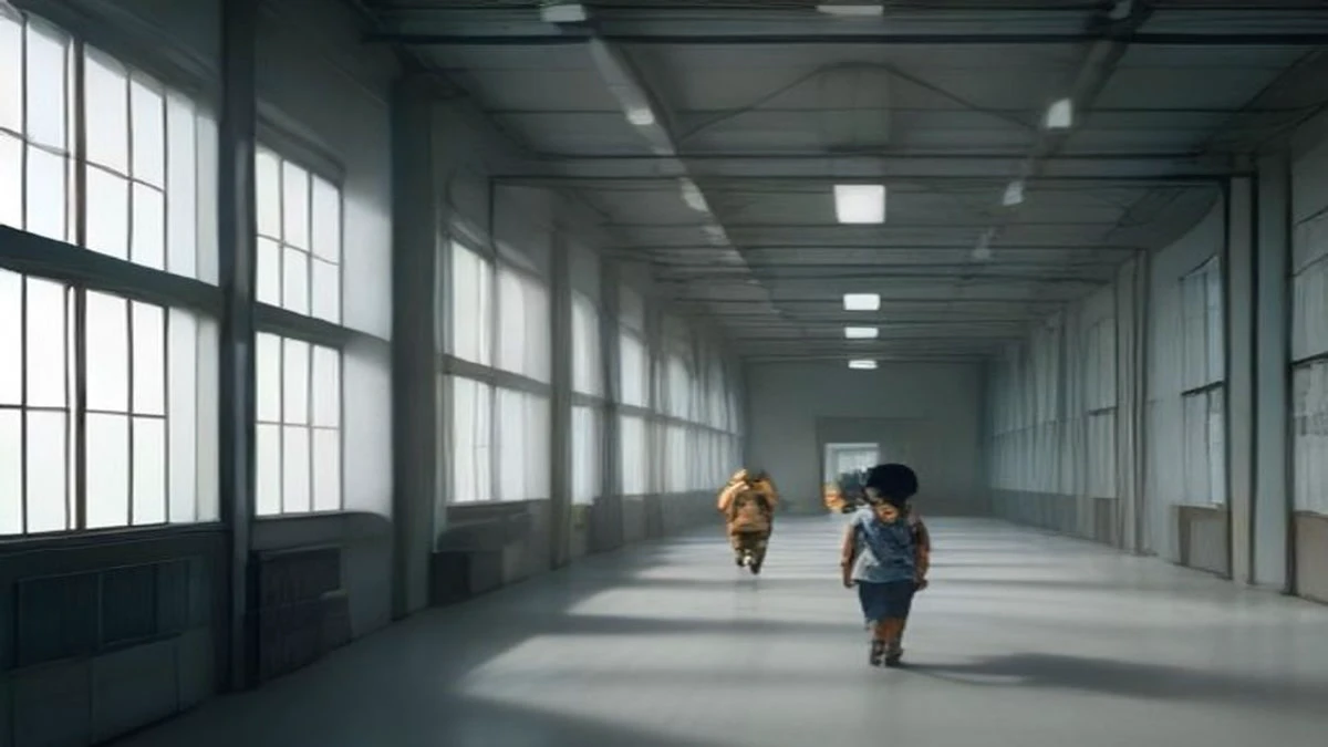 Engineers walking between rows of computing hardware in a bright industrial hall